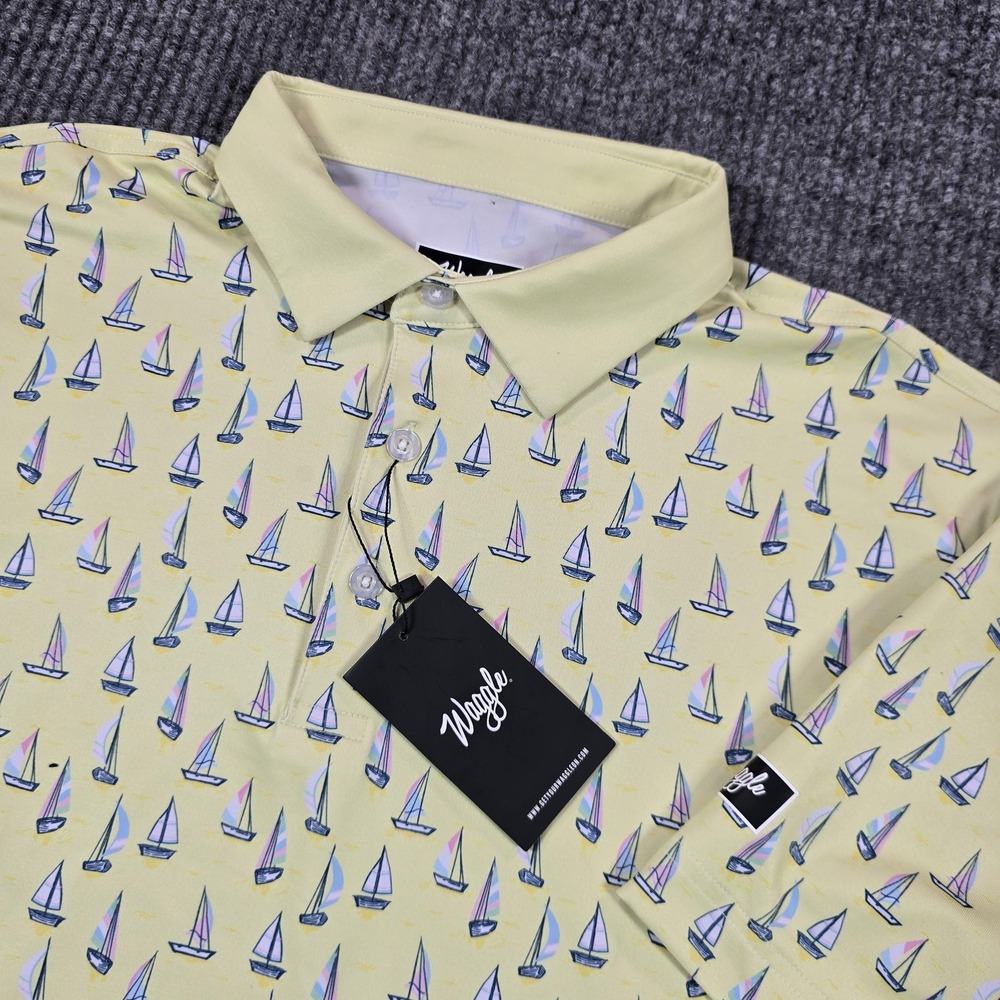 Waggle Polo Shirt Mens XL Yellow Sailboat Print Golf Stretch Performance